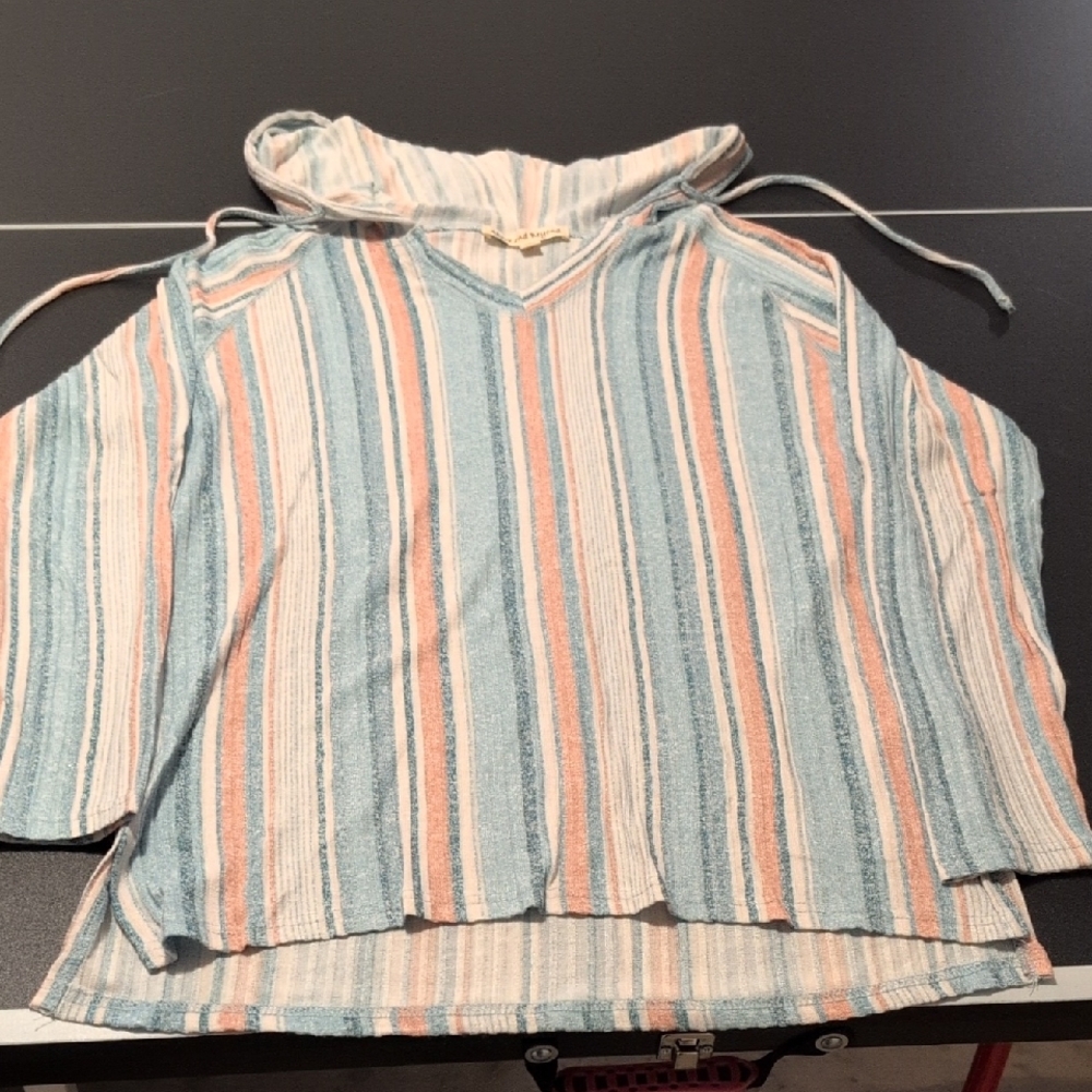 Striped Hooded Top in Blue, Peach, & White